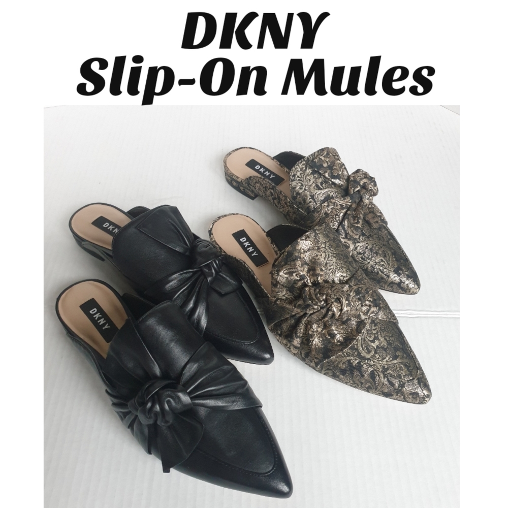 DKNY Pier Bow Detail Knot Slip-On Mules Blk Leather Sz 7 / Blk/Gold Brocade 7.5